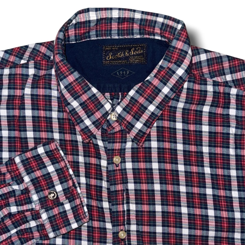 Scotch & Soda Mens XL Plaid Button Down Shirt Red Navy Blue Long Sleeve Cotton